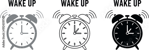 Three Ringing Alarm Clocks with 'WAKE UP' Text in Different Styles