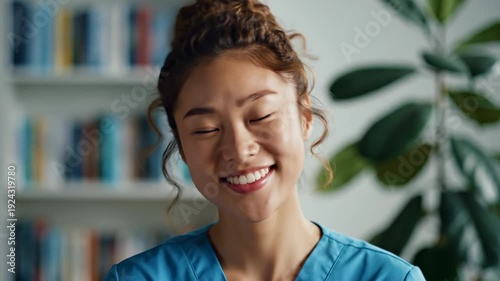 Asian woman healthcare professional smiling at camera in a professional setting with books and a plant
