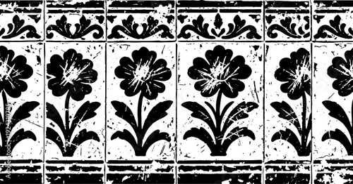 Vintage floral pattern with distressed texture, black and white decorative flowers design