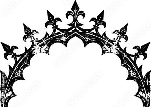 Grunge black gothic arch frame with fleur de lis and pointed spikes decorative border