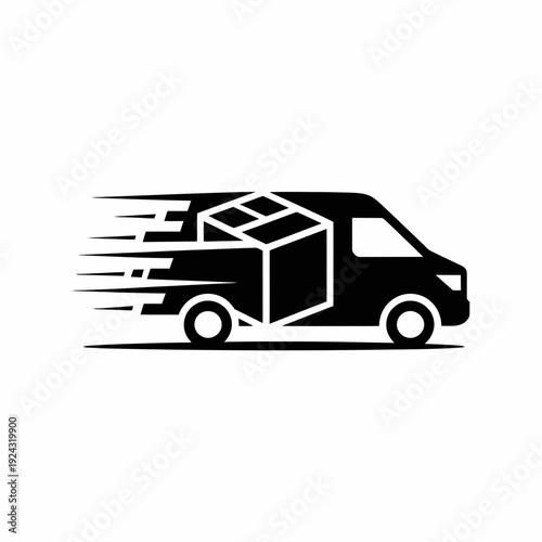 A sleek delivery van speeding with a cargo box in the back isolated on white background, Vector, illustration