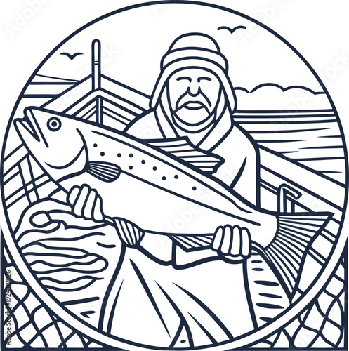 Fisherman holding large fish on boat with ocean and birds in background illustration