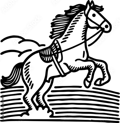 black and white illustration of a horse rearing with saddle on rural landscape background