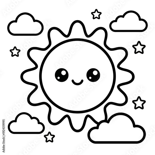 A cheerful smiling sun surrounded by fluffy clouds and stars in a black and white illustration isolated on white background, Vector, illustration