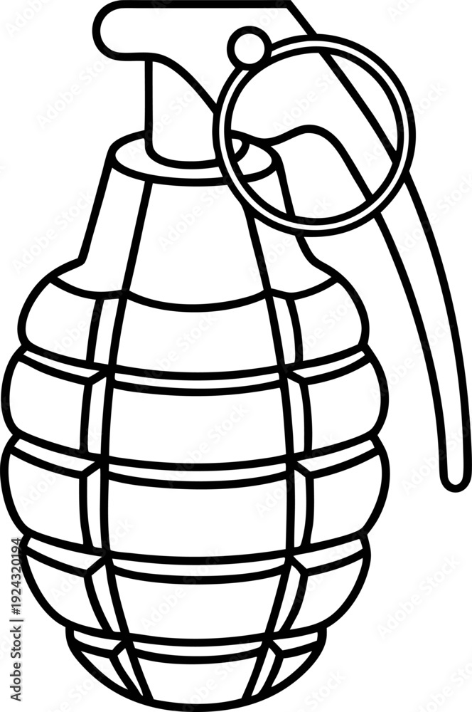 Fototapeta premium Hand grenade outline icon with safety pin and lever detailed contour design