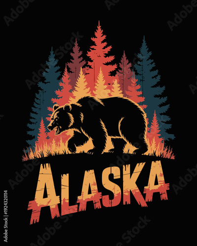 Majestic black bear standing amidst vibrant alaskan forest flames and mountains isolated on white background, Vector, illustration