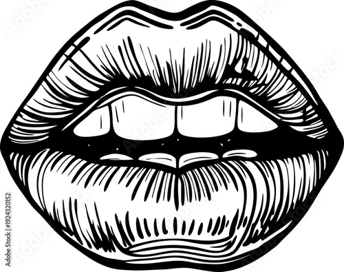 Vintage hand drawn lips with parted teeth detailed sketch in black and white