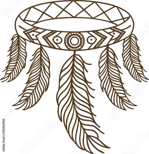 Native american dreamcatcher with feathers, traditional protective talisman symbol, hand drawn ethnic design
