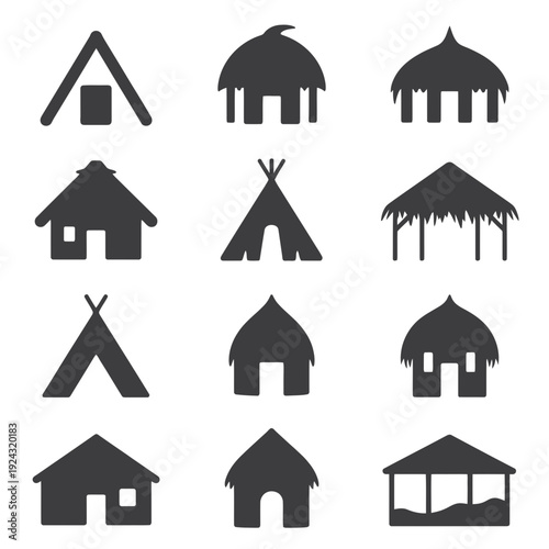 Various styles of simple black and white house icons displayed in a grid layout isolated on white background, Vector, illustration