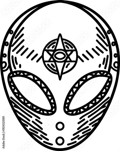 Abstract alien mask with geometric symbols and intricate line art design