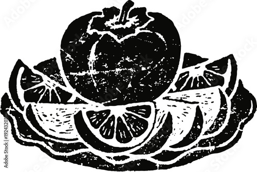 Bell pepper and lemon slices on lettuce leaf vintage engraved vegetable and citrus fruit illustration