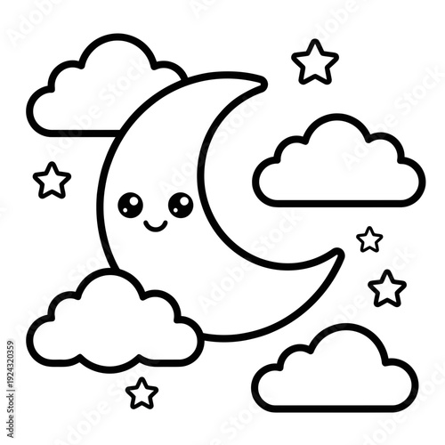 A cheerful moon with a face smiling amidst floating clouds and stars in a dreamy night sky isolated on white background, Vector, illustration