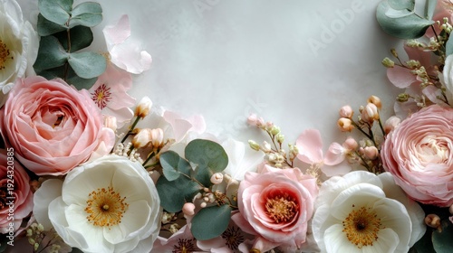 Elegant floral border of soft pink roses, white flowers, and eucalyptus leaves