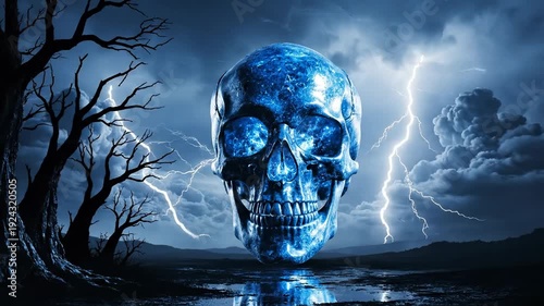 Glowing Blue Skull in Stormy Landscape with Lightning and Bare Trees at Night
