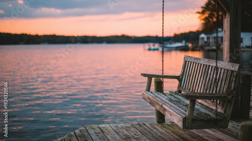 Tranquil Lakefront Swing at Dusk: A wooden swing hangs peacefully on the edge of a serene lake at dusk, a testament to relaxation.