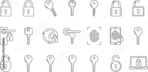 Digital and Physical Security Protection Line Icons Set with Locks and Keys