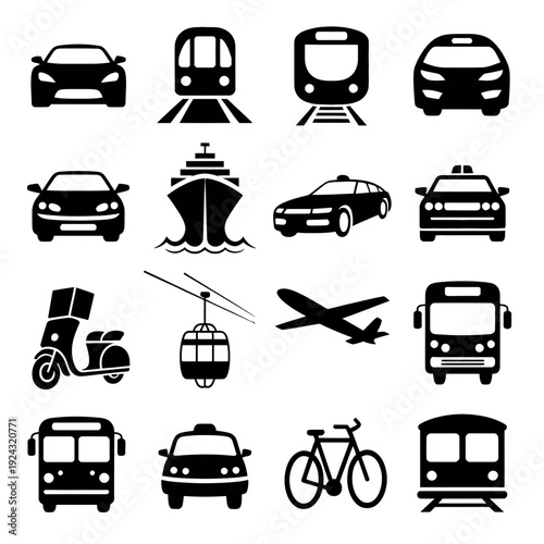 Assorted icons representing various modes of transportation and vehicles in black and white isolated on white background, Vector, illustration