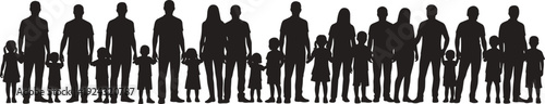 Black silhouette illustration of family units with adults and children symbolizing unity, diversity, togetherness, and representation themes