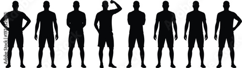 Black silhouette illustration of eight male figures in diverse postures symbolizing identity, diversity, gesture, and representation themes