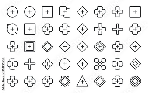 Collection of geometric symbols featuring plus signs, crosses, and diamond shapes with variations