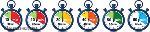 Set of Colorful Stopwatch Timers Displaying Various Time Intervals for Measurement