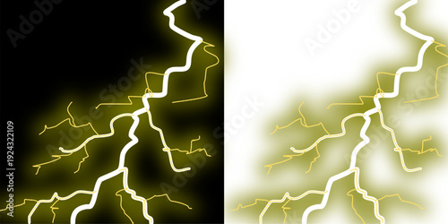 Fiery red lightning bolt vector graphic on black and white backgrounds, representing intense electrical energy and danger.