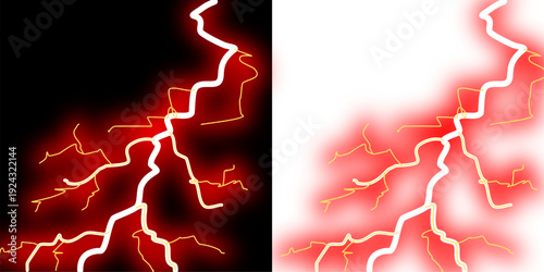 Fiery red lightning bolt vector graphic on white and black backgrounds, representing electrical discharge and intense energy.