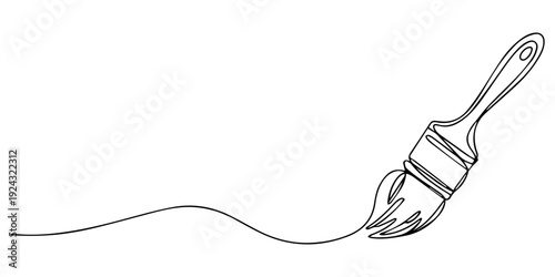 paint brush continuous one line drawing, Paintbrush continuous line art, One continuous line of a paint brush for painting. Line art of a tool with a wooden handle and thick bristles. Drawing in one