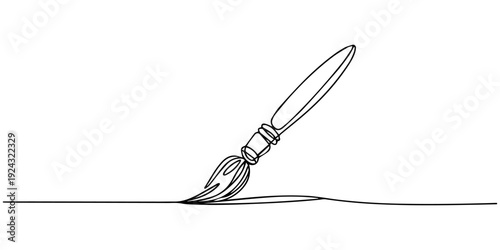 paint brush continuous one line drawing, Paintbrush continuous line art, One continuous line of a paint brush for painting. Line art of a tool with a wooden handle and thick bristles. Drawing in one