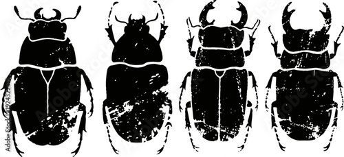 Silhouette set of four vintage beetles with distinct shapes and horns on white background
