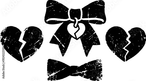 Broken heart symbols and decorative bows in black distressed for valentine's day and love themes