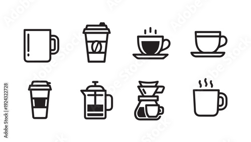 Collection of Coffee Icons: Mugs French Press Pour Over and To-Go Cups