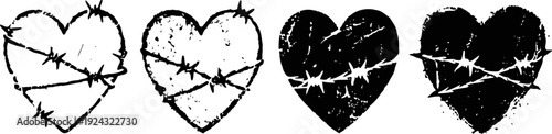 Grunge hearts wrapped with barbed wire distressed love symbols in black ink rough, edgy, and bold design elements