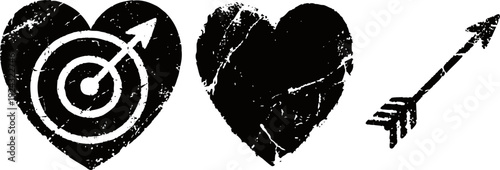 grunge heart and arrow icons target heart with arrow, broken heart, and single arrow design