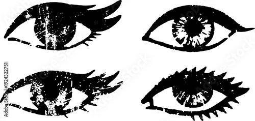 Vintage distressed eye illustrations with detailed eyelashes and irises, four unique black and white designs