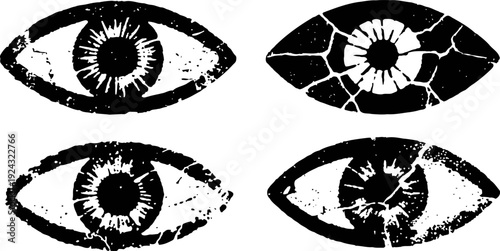 grunge eyes illustration set with textured cracked and distressed designs in black