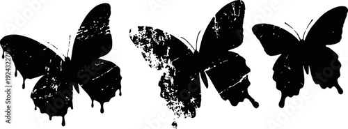 black grunge butterflies silhouettes with paint splatter texture isolated on white background