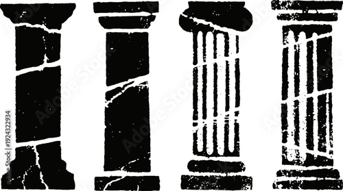 grunge distressed ancient columns set black and white vintage pillar silhouettes with cracks and erosion texture
