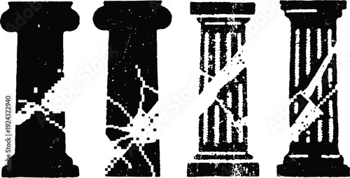 Four ancient cracked stone columns with weathered textures and cracks illustration