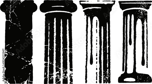 Four vintage distressed classical columns in silhouette architectural design elements greek roman
