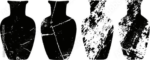 ancient cracked pottery silhouettes, broken vase shapes with textured damage