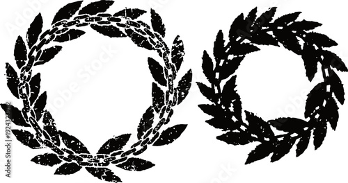 Grunge black laurel wreath set with distressed texture, circular leaf frames for vintage or classic design
