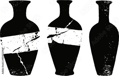Set of three cracked antique vases silhouettes with worn texture isolated on white background