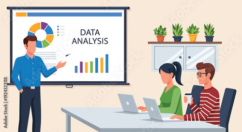 Business presentation with data analysis on screen