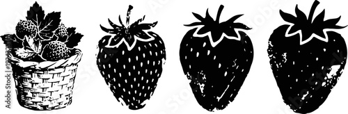 Vintage black and white strawberry illustrations with basket and individual fruits
