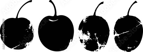 black cherry silhouettes with textured and distressed effects, simple fruit icons design set