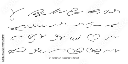 Calligraphy collection of wavy swooshes. Hand drawn swash, emphasis, line shape. Typographic extension simple stroke underline decoration for text, logo. Minimalist letter tail isolated elements