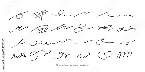 Calligraphy collection of wavy swooshes. Hand drawn swash, emphasis, line shape. Typographic extension simple stroke underline decoration for text, logo. Minimalist letter tail isolated elements