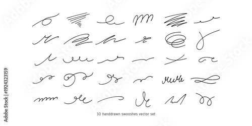 Calligraphy collection of wavy swooshes. Hand drawn swash, emphasis, line shape. Typographic extension simple stroke underline decoration for text, logo. Minimalist letter tail isolated elements