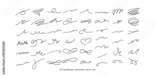 Calligraphy collection of wavy swooshes. Hand drawn swash, emphasis, line shape. Typographic extension simple stroke underline decoration for text, logo. Minimalist letter tail isolated elements